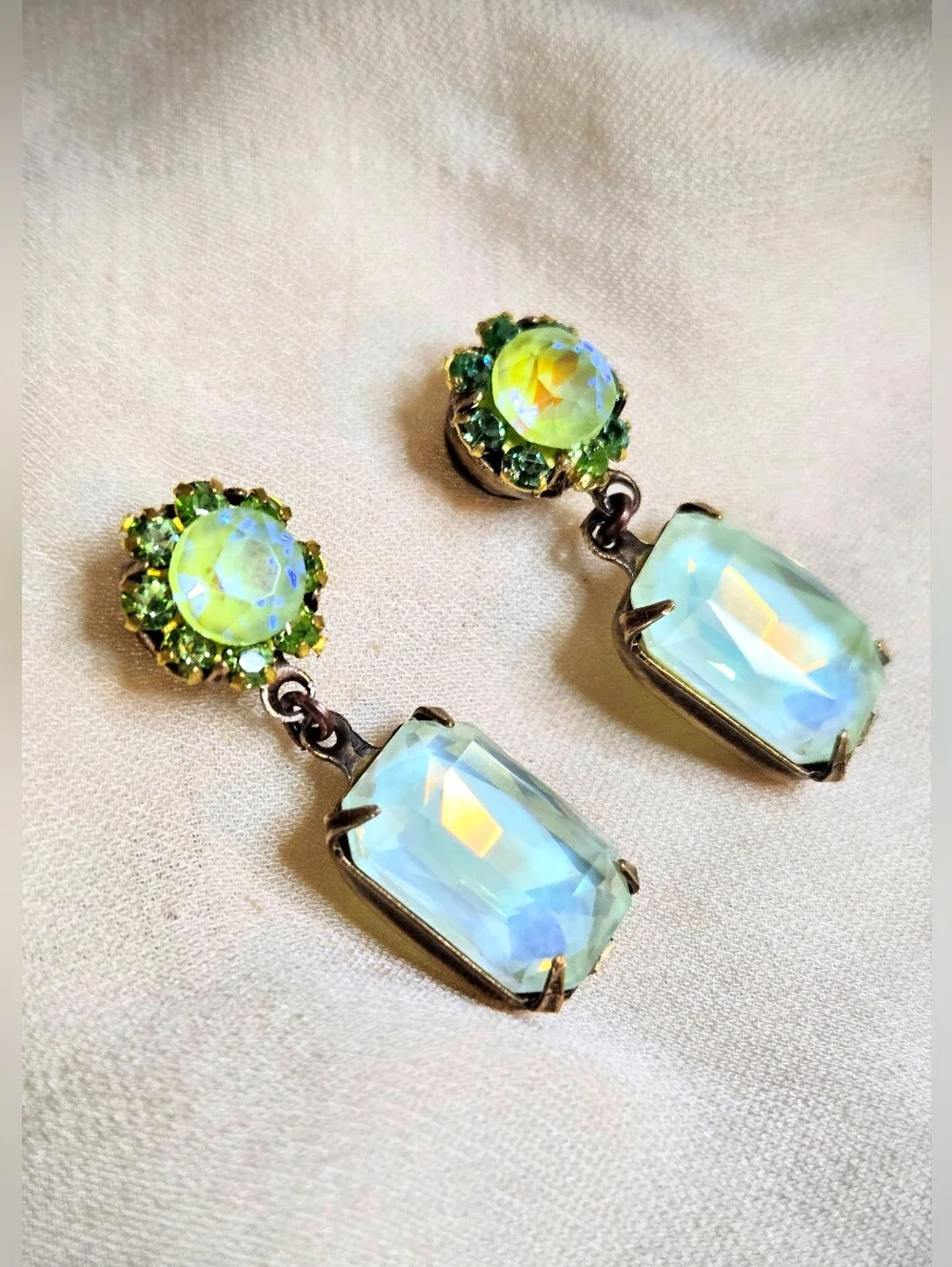 Bright Apple Green Crystals W/ Flower In Octagon Antique Bronze Artisan Earrings
